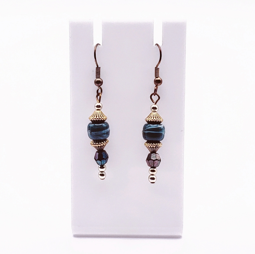 Elegant Dark Teal and Gold Beaded Dangly Earrings 0044